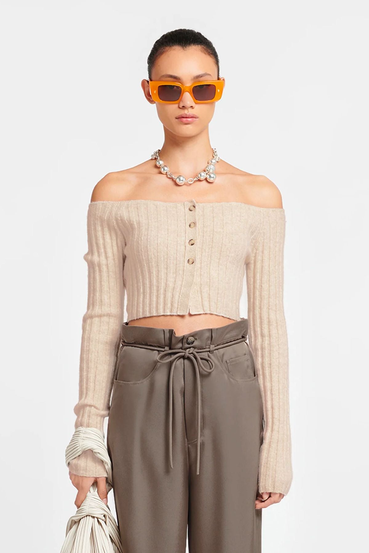 Nanushka Sidone Off Shoulder Jersey Cardigan Creme Grace Melbourne