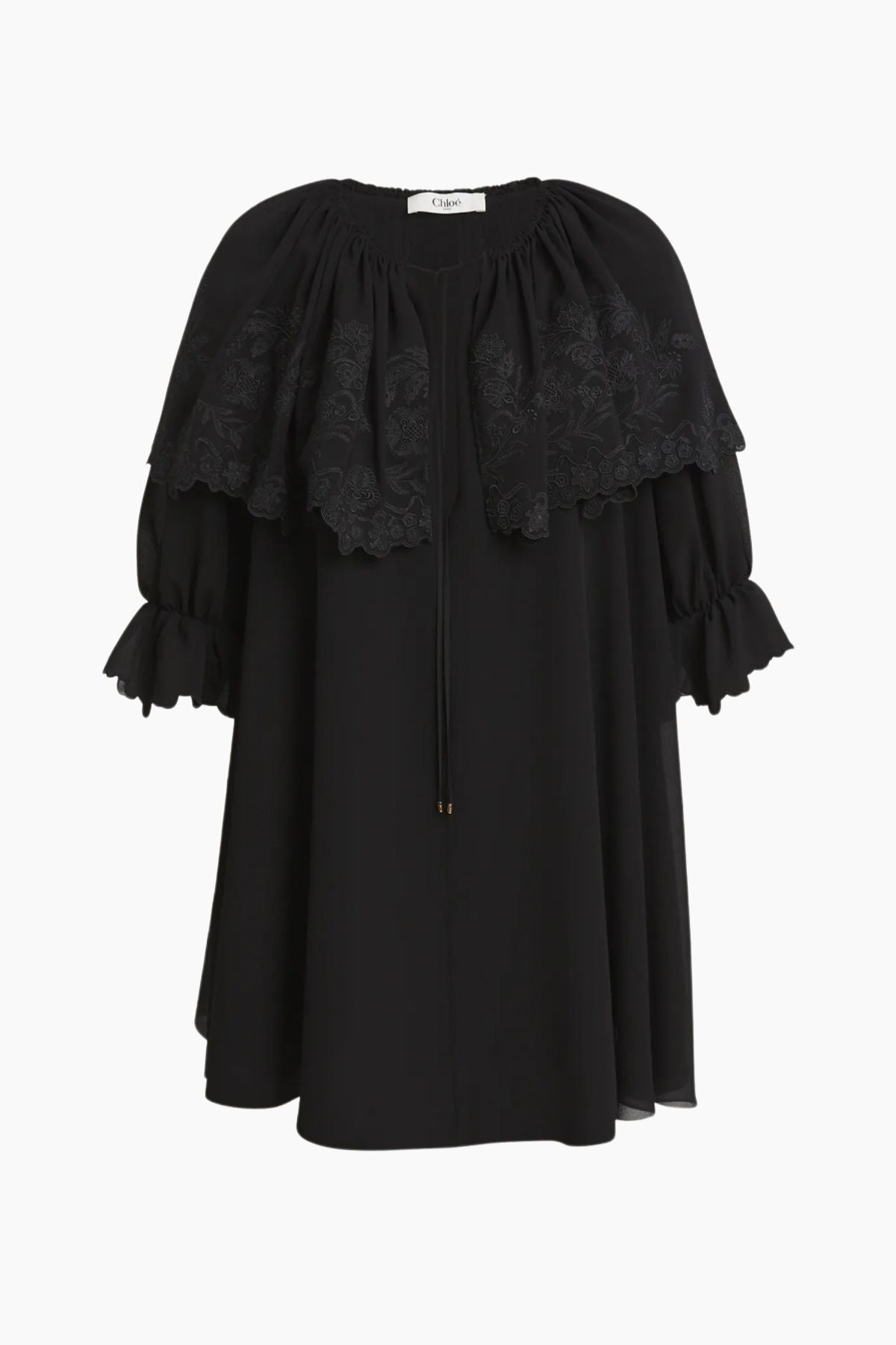 Chloé Ruffle Shoulder Georgette Mini Dress - Black