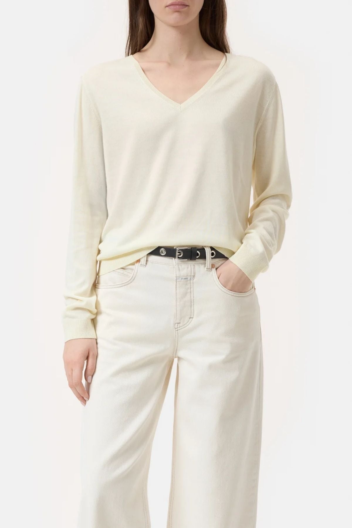 Closed V-Neck Knit Jumper - Vanilla Beige