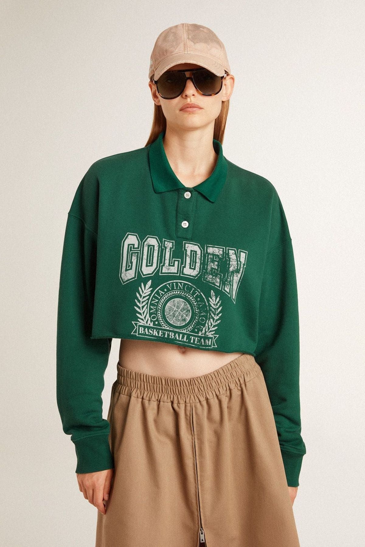 Golden Goose Cropped Polo Sweatshirt with Print - Hunter Green/ Heritage White