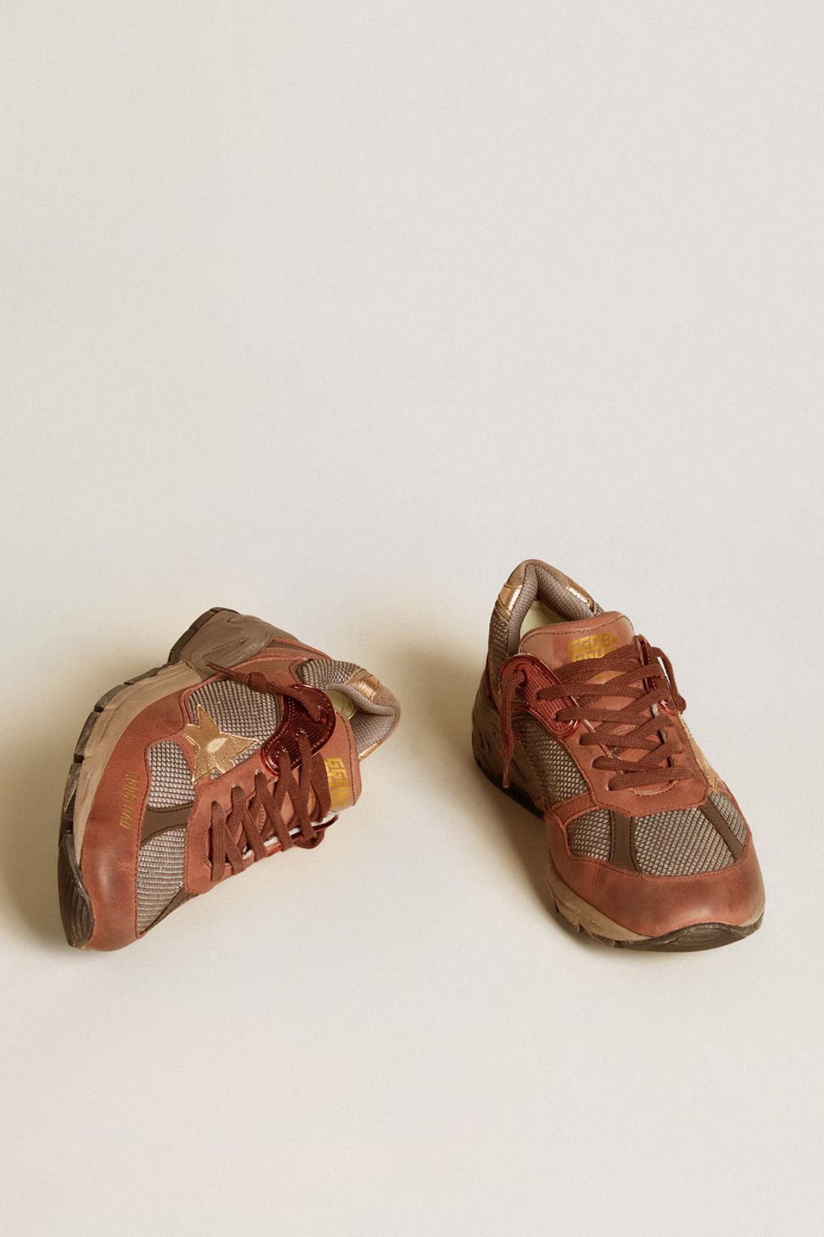 Golden Goose Running Dad Net Nabuk & Leather Upper Laminated Star - Brown/ Gray/ Rame