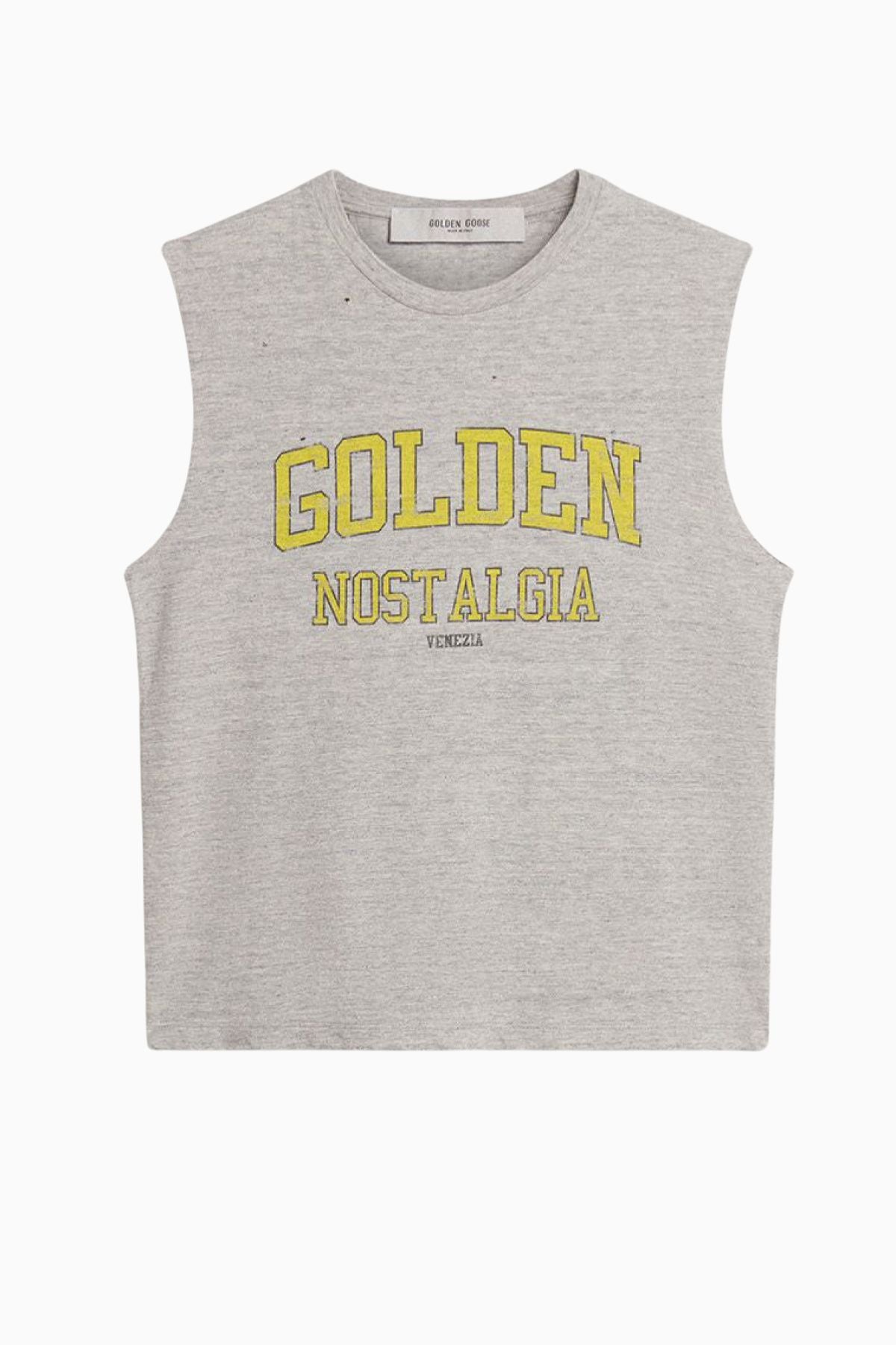 Golden Goose Sleeveless Slim T-Shirt Cotton Slub Jersey with Print - Grey Melange/ Yellow