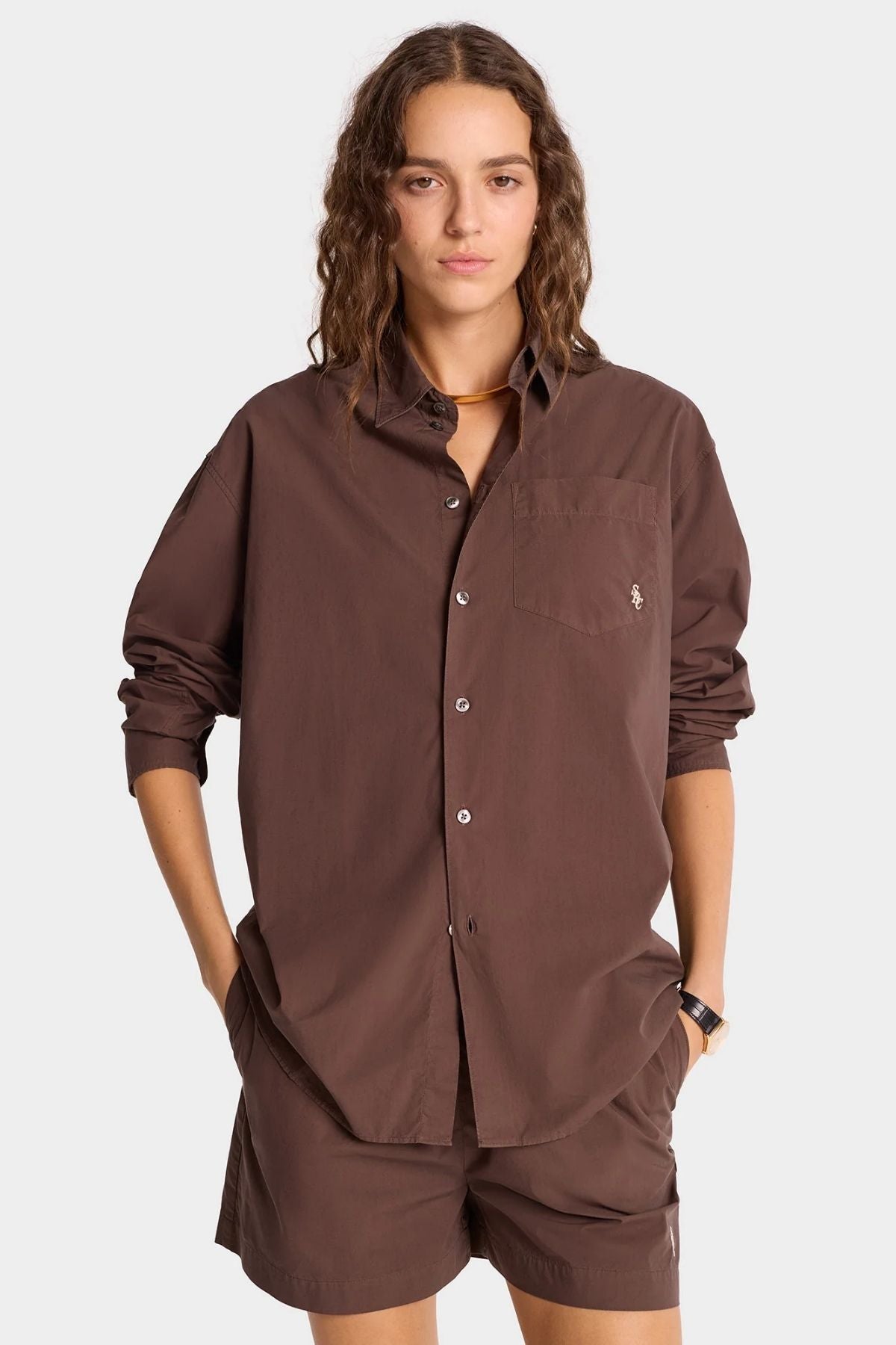 Sporty & Rich SRC Oversized Shirt - Chocolate/ White