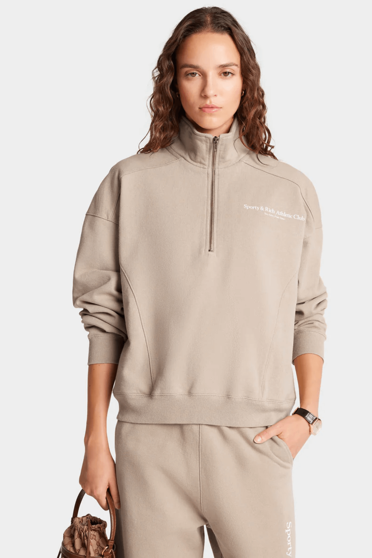 Sporty & Rich Athletic Club Quarter Zip Sweatshirt - Elephant/ White