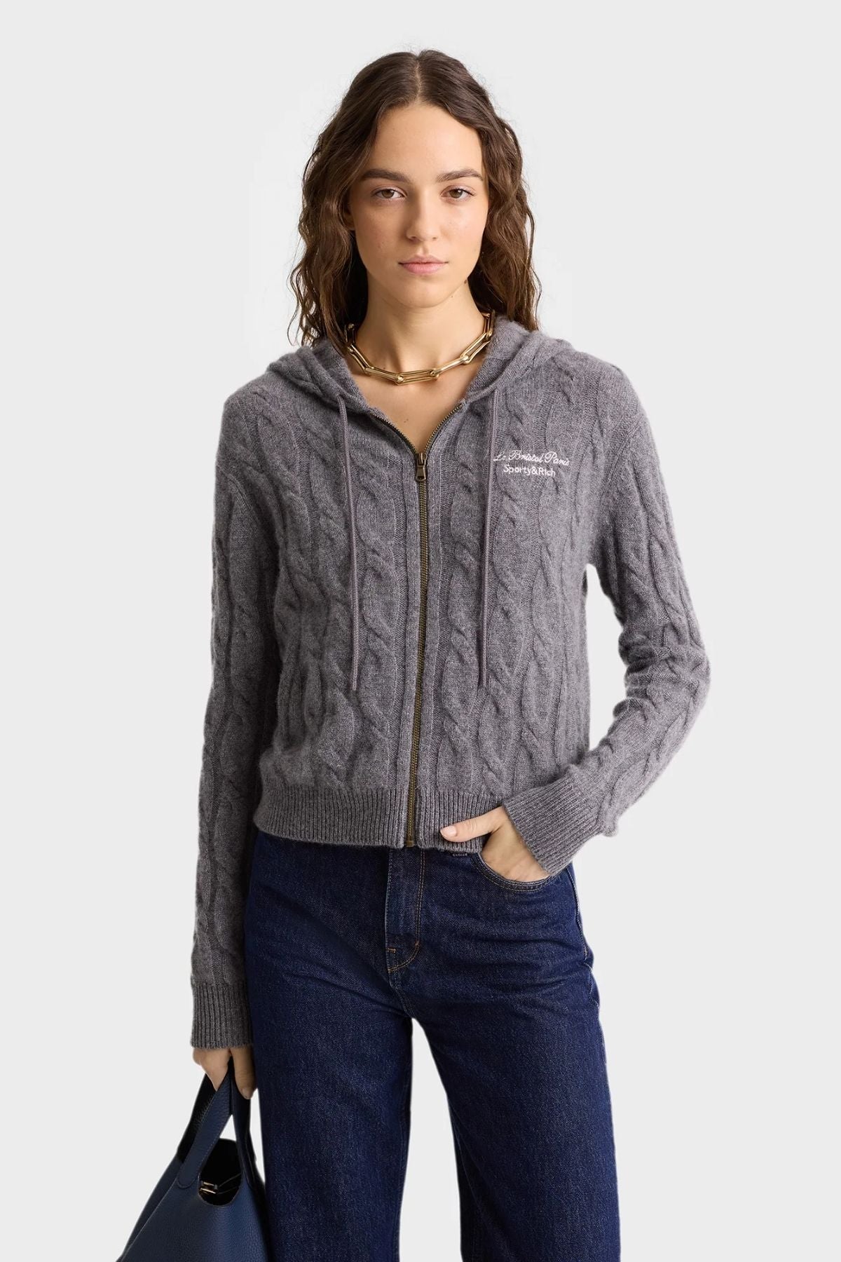 Sporty & Rich Faubourg Cashmere Zip Hoodie - Dark Grey/ White