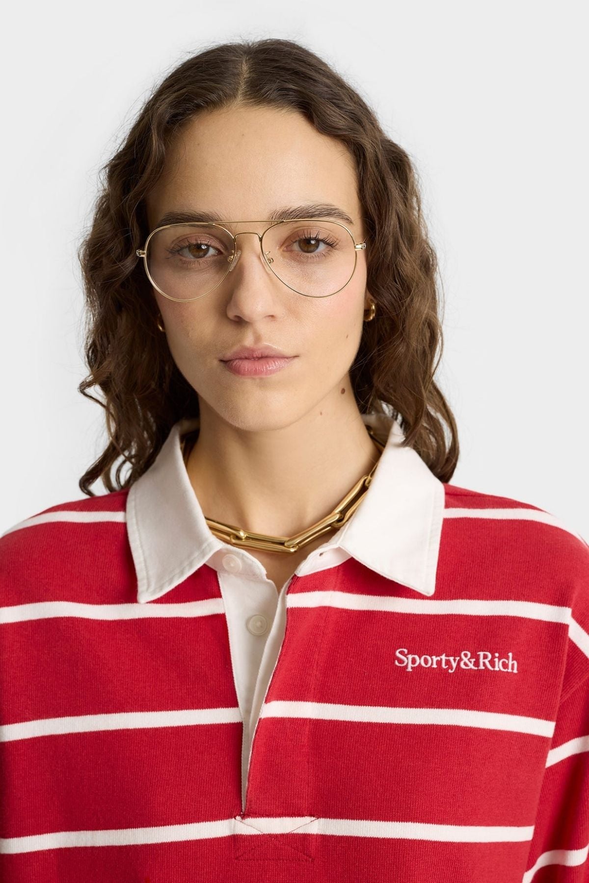 Sporty & Rich Serif Logo Cropped Rugby Polo - Ruby/White