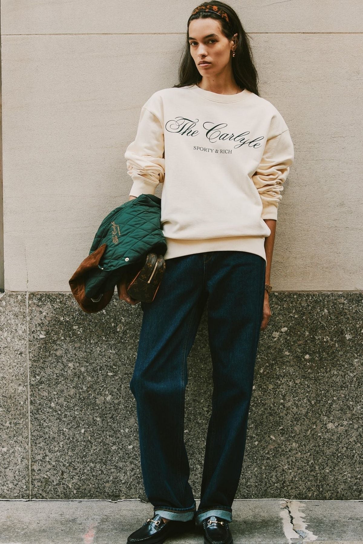 Sporty & Rich The Carlyle Script Sweater - Cream/ Forest