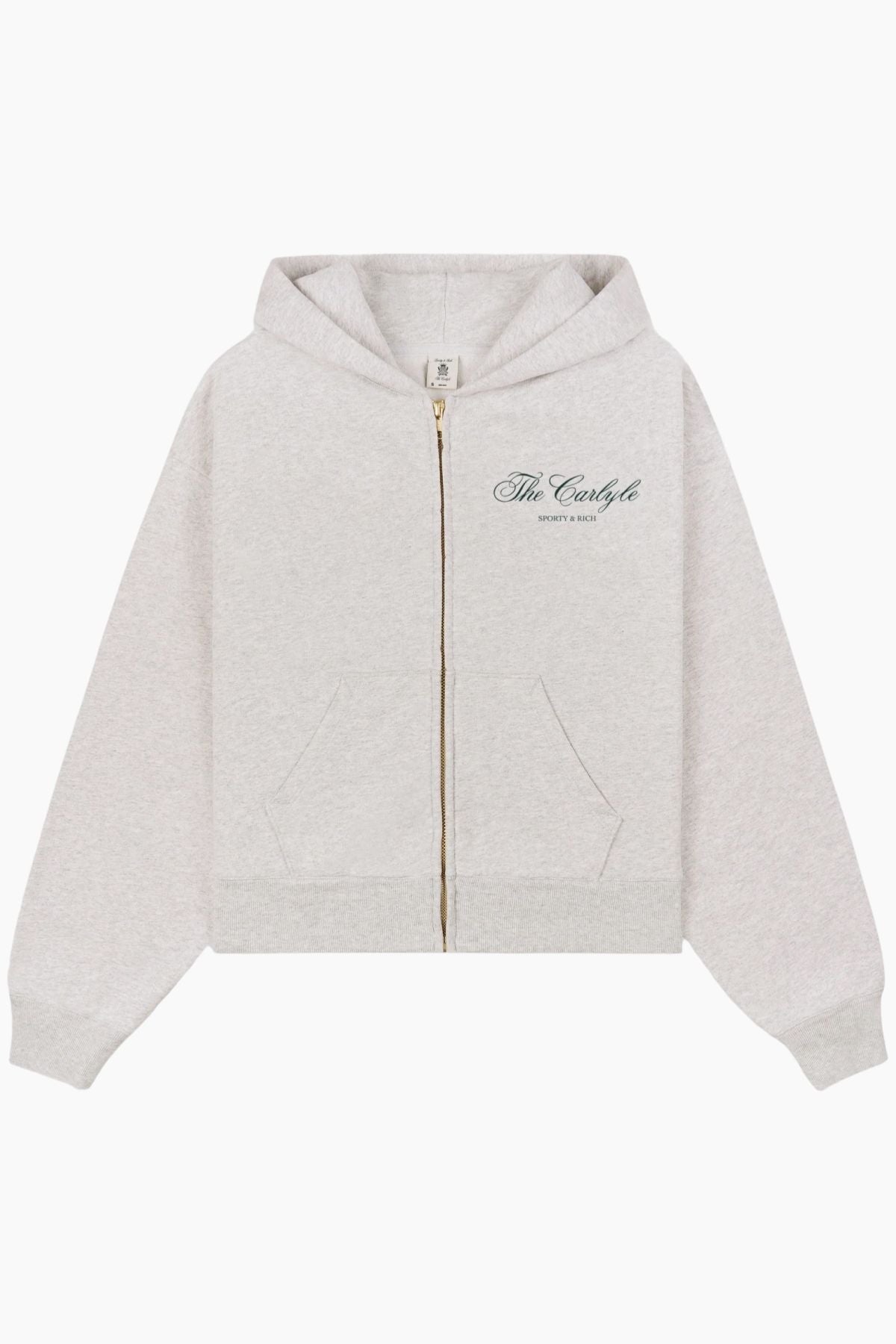 Sporty & Rich The Carlyle Script Cropped Zip Hoodie - Heather Grey/ Forest