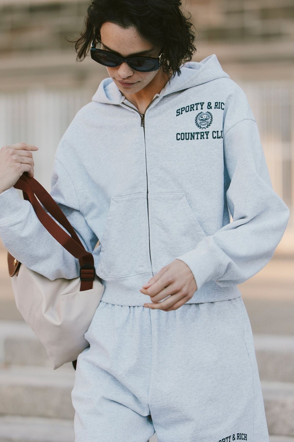 Sporty & Rich Varsity Crest Cropped Zip Hoodie - Heather Grey