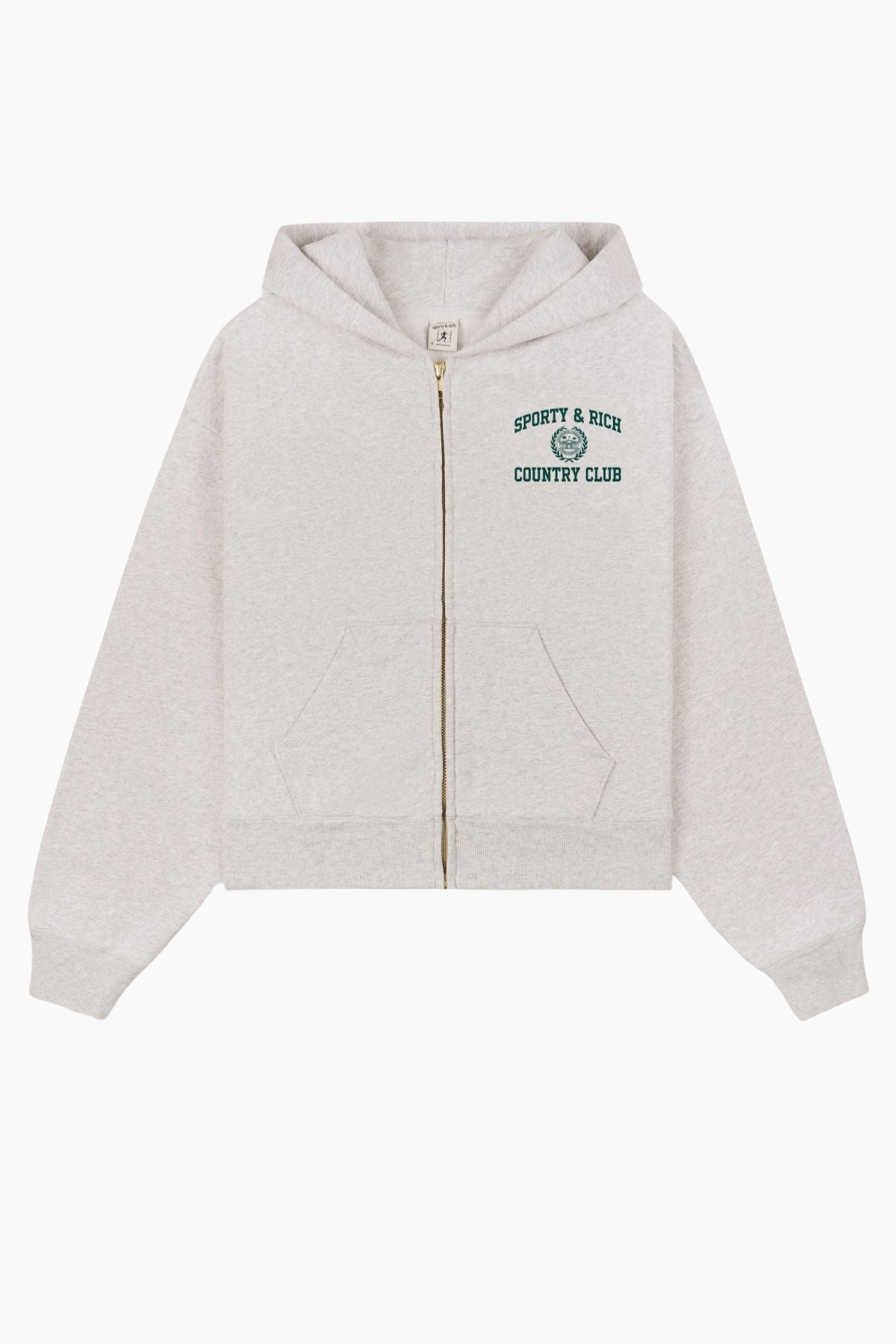 Sporty & Rich Varsity Crest Cropped Zip Hoodie - Heather Grey