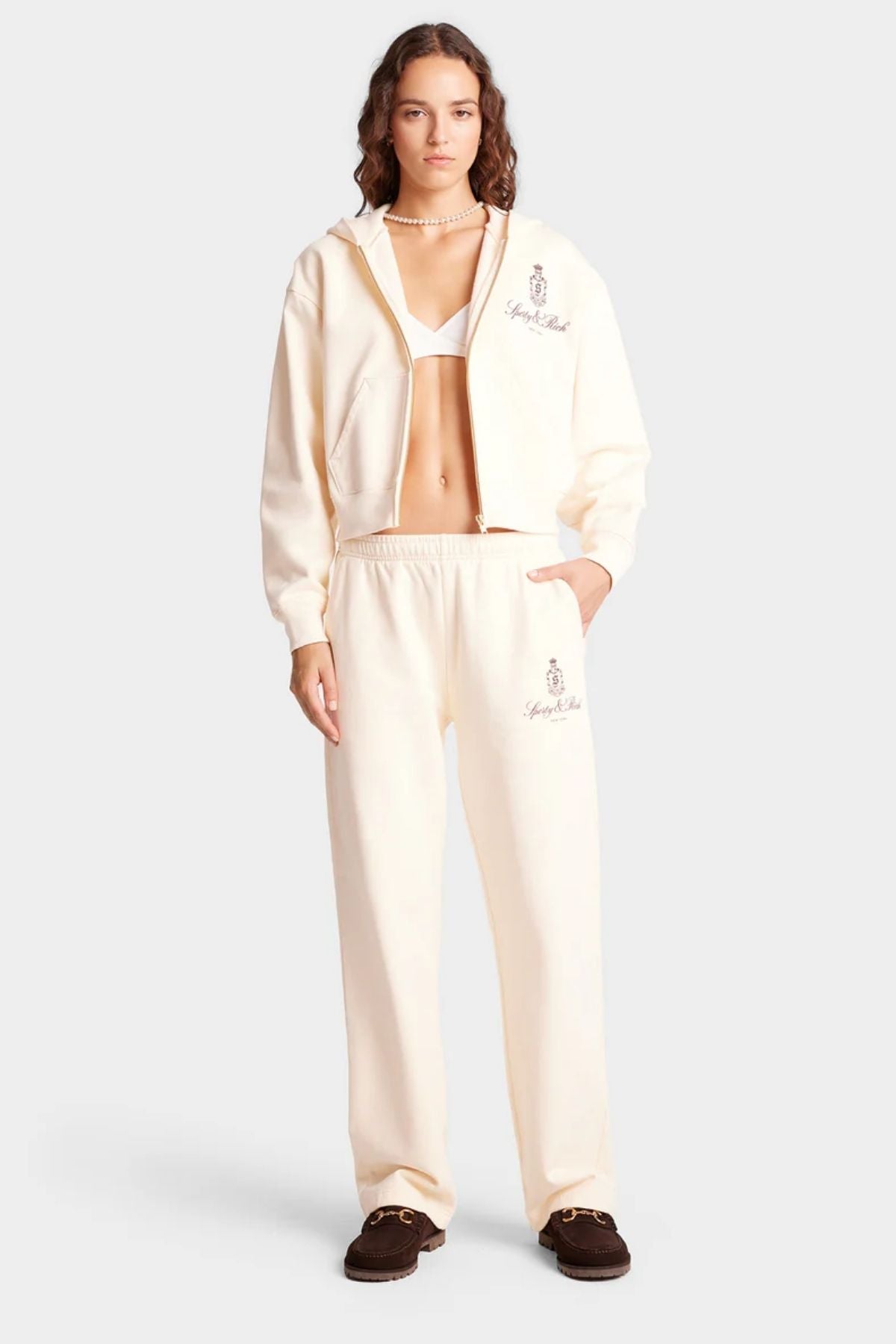 Sporty & Rich Vendome Cropped Zip Hoodie - Cream/ Chocolate