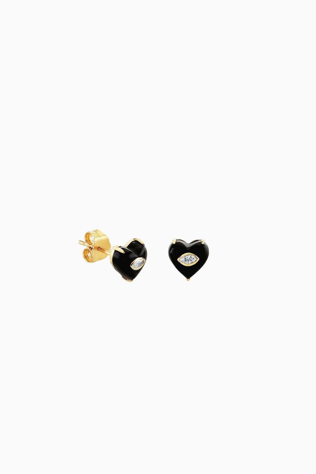 Sydney Evan Gold & Diamond Small Carved Stone Heart Studs - Onyx/ Yellow Gold