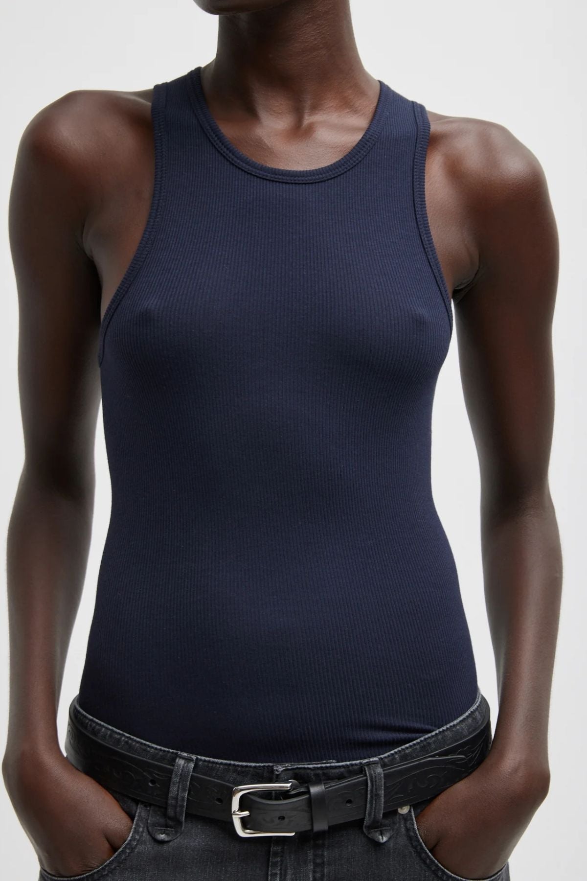 Tibi Circular Fine Rib T-Shirt Tank - Navy