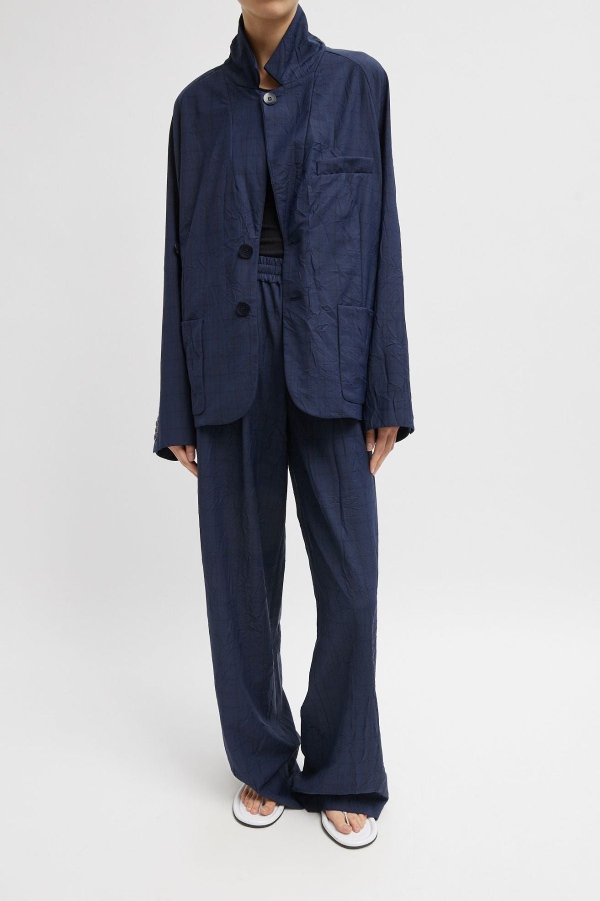 Tibi Harold Suiting Wide Leg Pull On Pant - Navy Multi