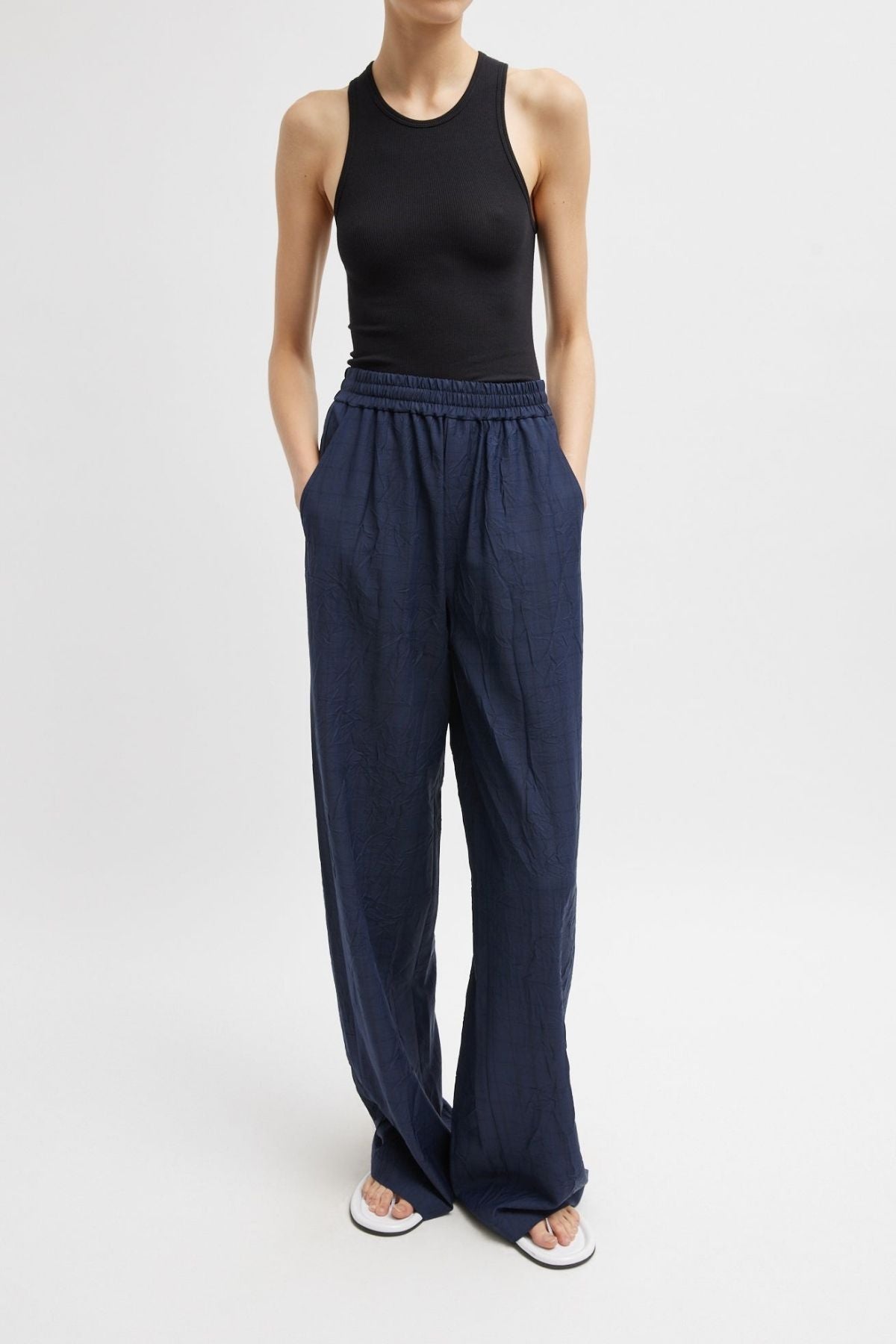 Tibi Harold Suiting Wide Leg Pull On Pant - Navy Multi