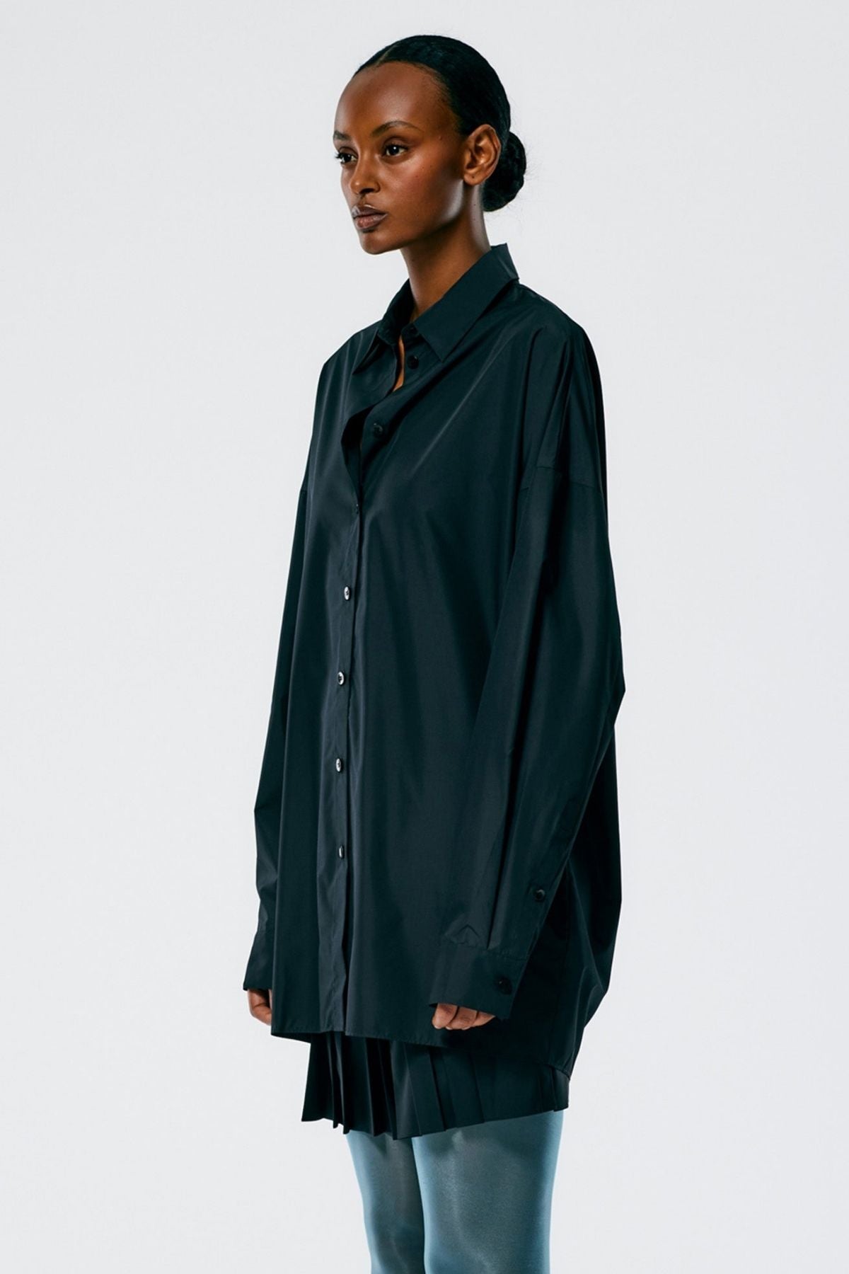 Tibi Italian Sporty Nylon Shirt with Cocoon Back - Black