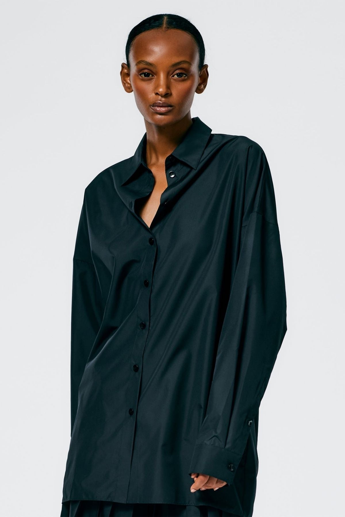 Tibi Italian Sporty Nylon Shirt with Cocoon Back - Black