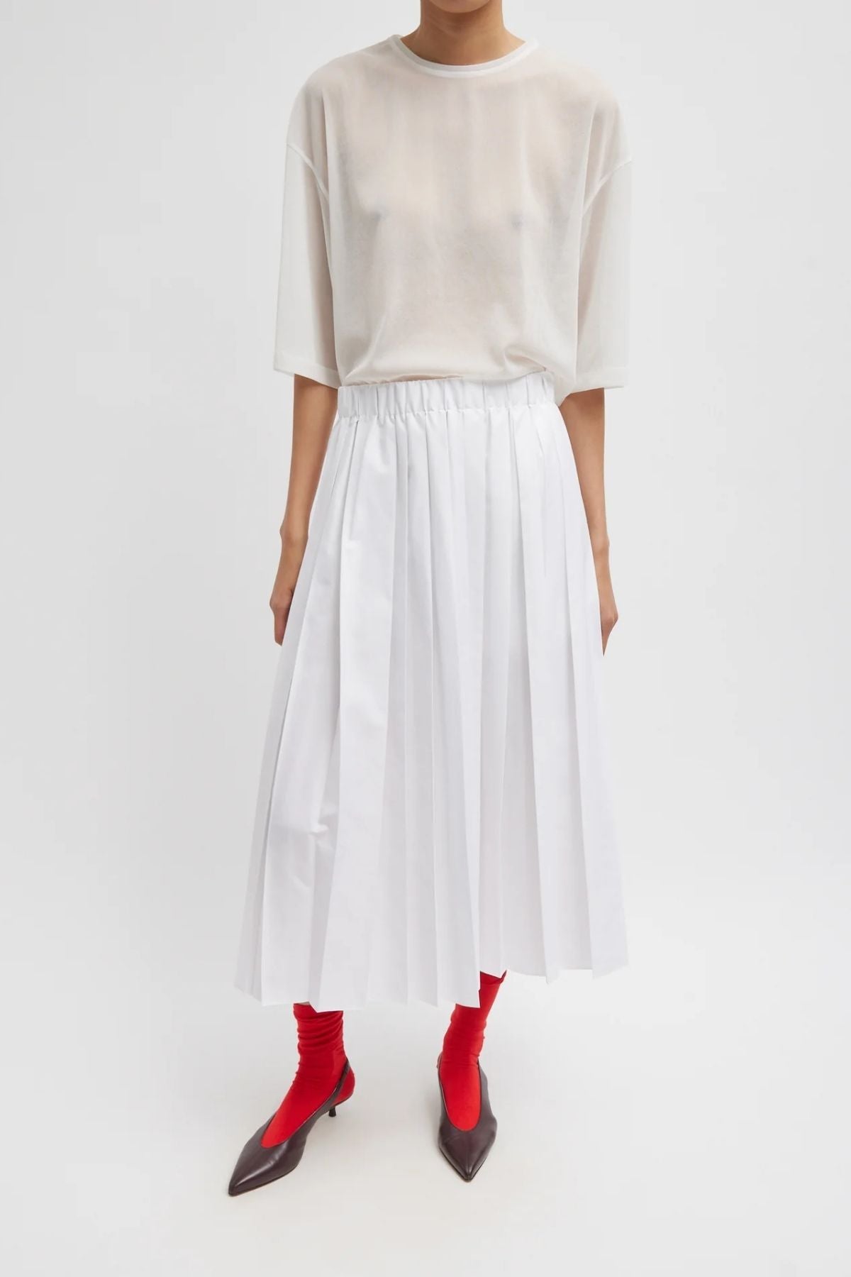 Tibi Nylon Pleated Pull On Skirt - White