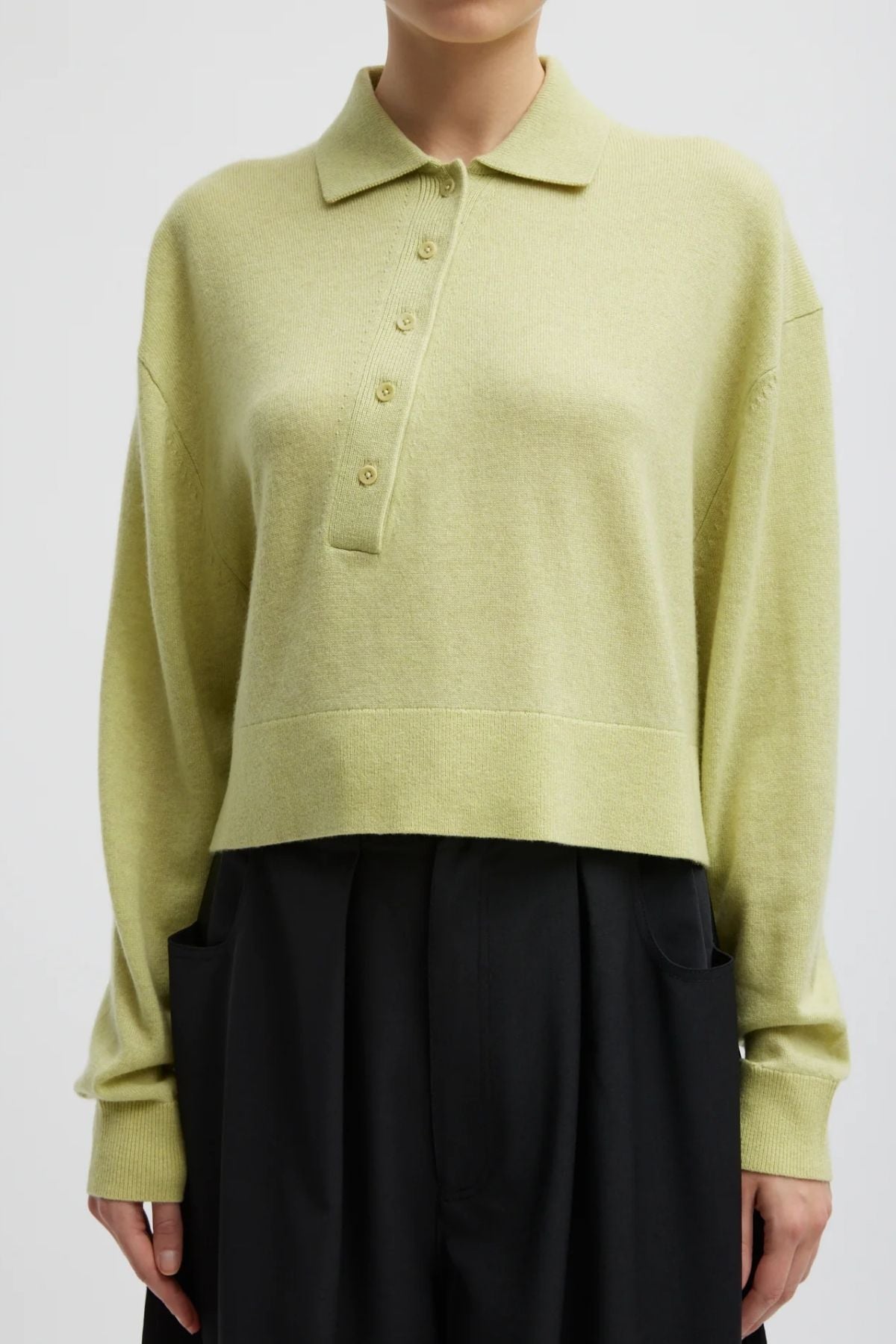 Tibi Washable Cashmere Easy Polo Cropped Sweater - Light Green