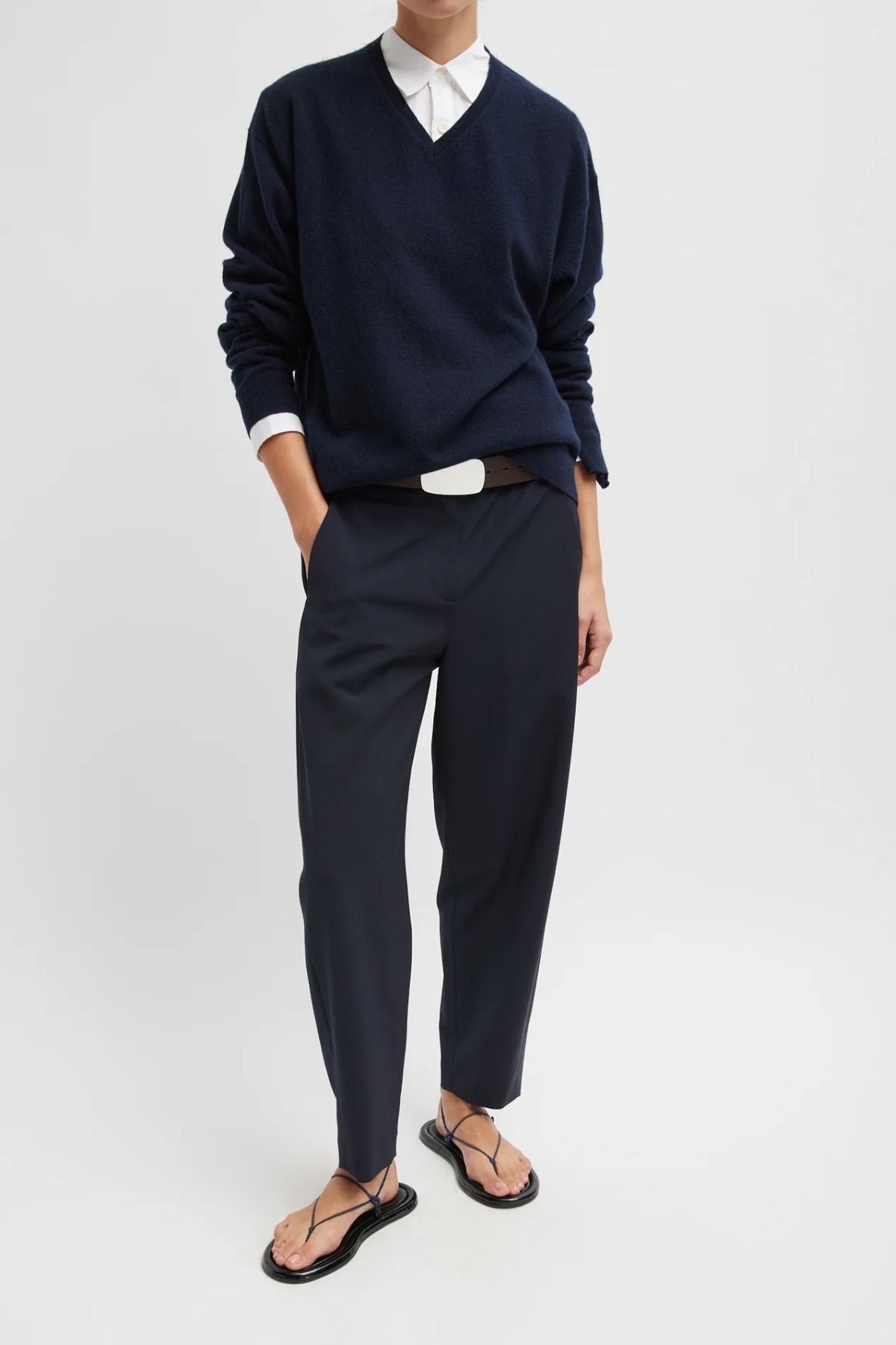 Tibi Washable Cashmere Easy V-Neck Sweater - Navy