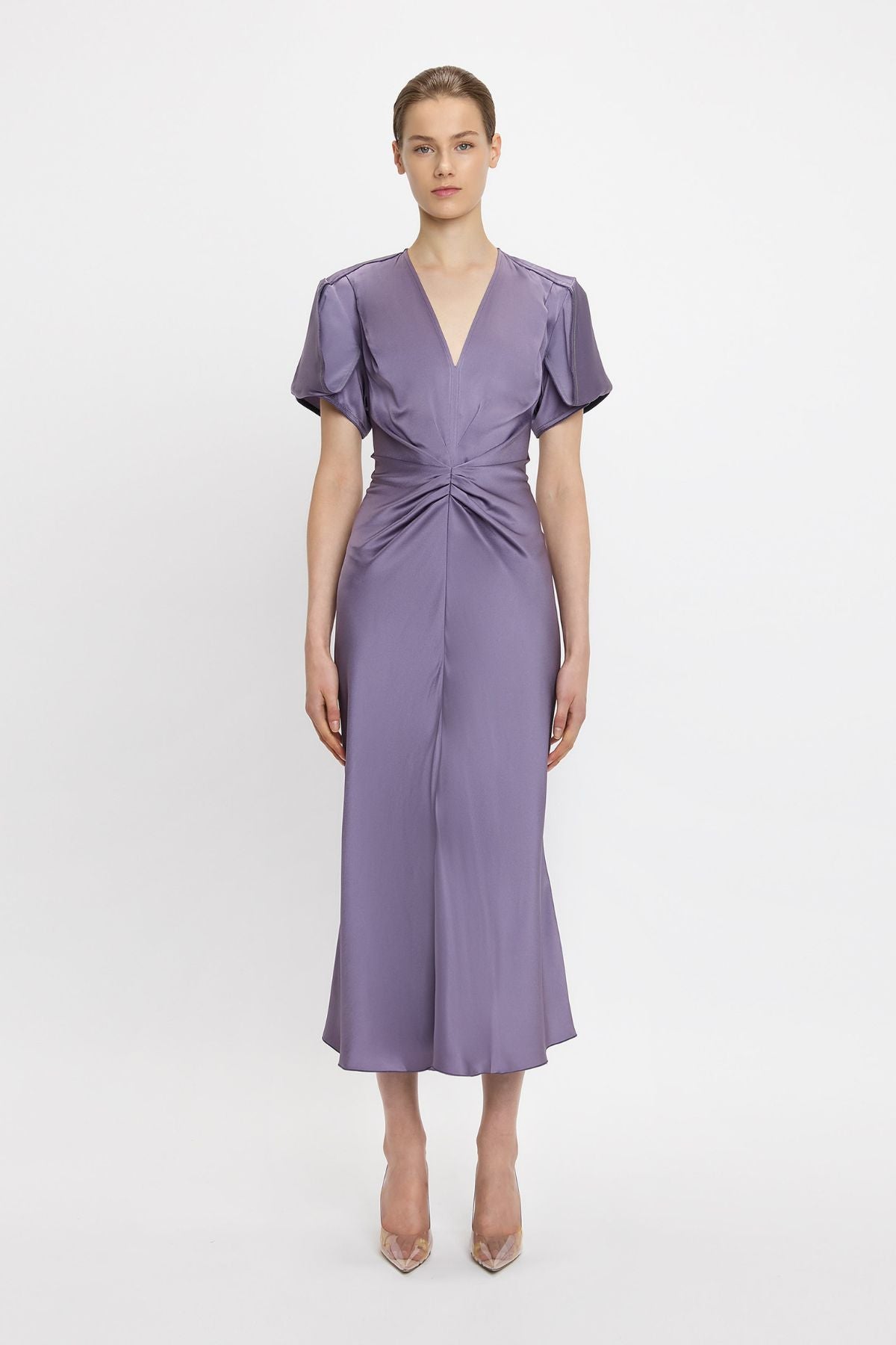 Victoria Beckham Gathered V-Neck Midi Dress - Iris