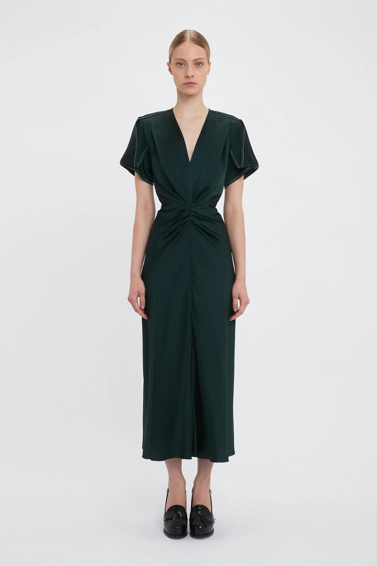 Victoria Beckham Gathered V-Neck Midi Dress - Seaweed