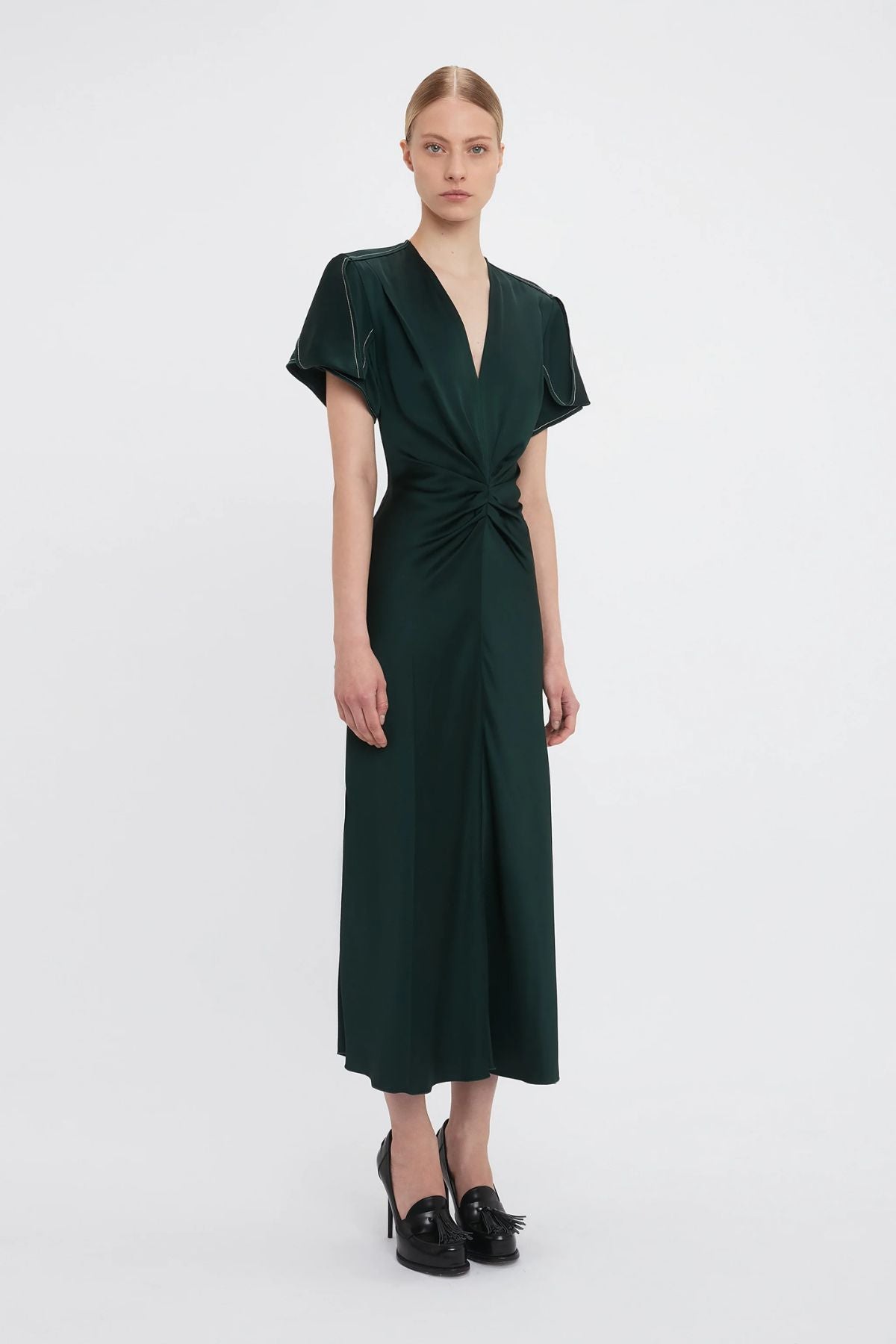 Victoria Beckham Gathered V-Neck Midi Dress - Seaweed