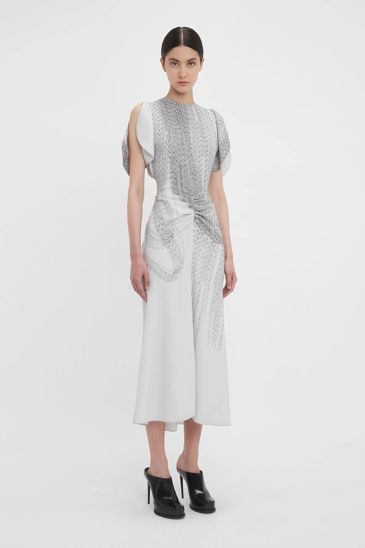 Victoria Beckham Gathered Waist Midi Dress - Grey Mist/ Silver