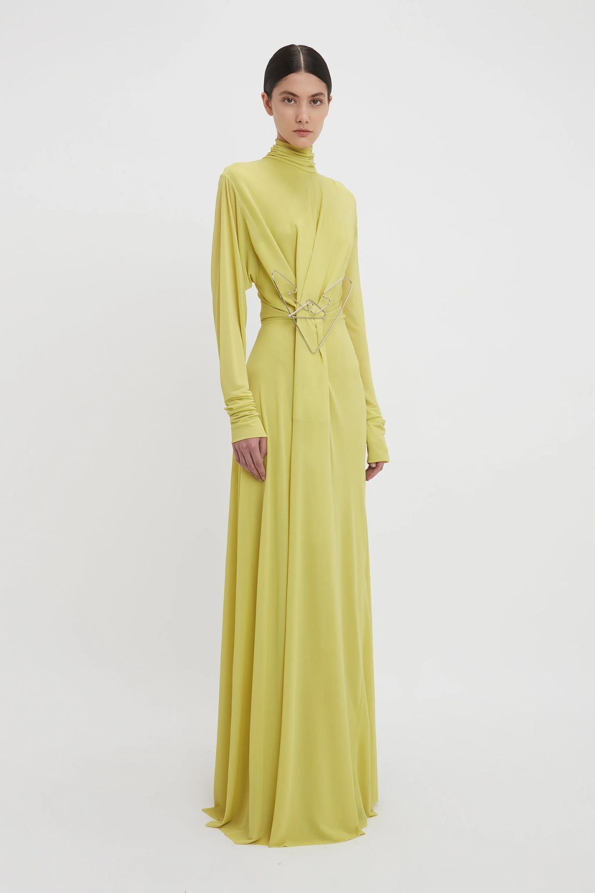 Victoria Beckham Long Sleeve Draped Jersey Gown - Citrus