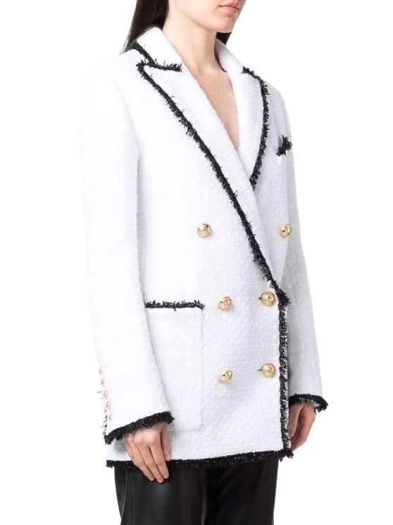 Balmain Double Breasted Fringed Tweed Blazer in White